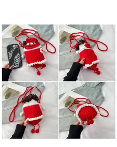 Detailed four-angle views of a cute red and white handmade crochet bucket bag with bows