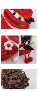 Macro view of crochet details with knit flowers and red bow on a handmade bucket bag