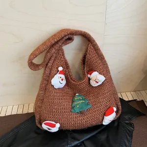 Women Retro Knitted Underarm Bag With Christmas Santa Claus And Tree Patchwork Cute Festive Crochet Shoulder Handbag Gift