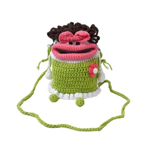 Cute green knitted bucket bag with funny big lips and cartoon design for women