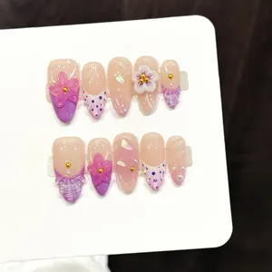 Handmade Press On Nails Pink Purple Gradient 3D Floral Almond Shape Nails With Pearls Glitter For Women Beauty Accessory