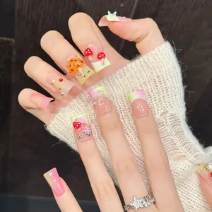 3D handmade gradient press-on nails with cute 3D mushrooms and forest butterfly accents