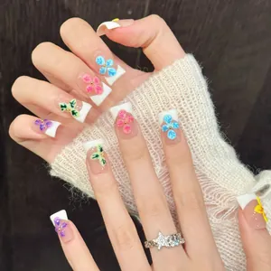 Floral French press-on nails with 3D colorful flowers and white square tips for summer
