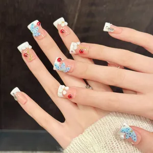 3D ladybug and butterfly short press-on nails with white flowers and rhinestones