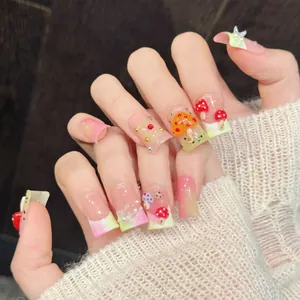 3D mushroom gradient press-on nails with pearls and butterfly charms for women