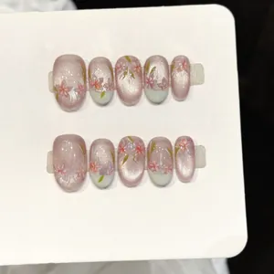 Handmade Cherry Blossom Press On Nails Pink Cat Eye French Style Oval Artificial Nail Tips For Women Elegant Spring Nail Art