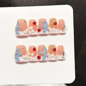 3D Ladybug Flower Butterfly French Press On Nails With Rhinestones Sweet Summer Short Square Fake Nails For Women