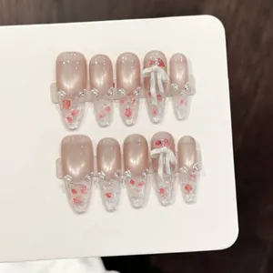 Χειροποίητα Nude Ροζ Τεχνητά Νύχια Με 3D Φιόγκο Μαργαριτάρι Στρας Λουλούδι Κομψά Νύχια Αμύγδαλο Για Γάμο Πάρτι Γυναίκες