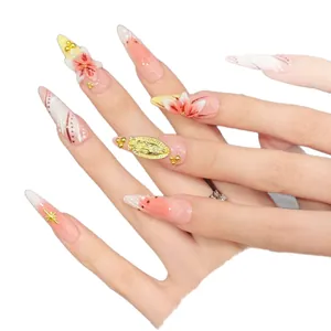 Unghie finte stiletto sfumate rosa con motivi floreali e dettagli dorati