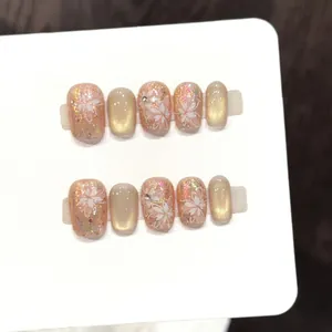 Handgefertigte Blumen Katzenauge Künstliche Fingernägel Mit Strass Goldsand Kurz Quadratisch Wiederverwendbare Nägel Für Damen