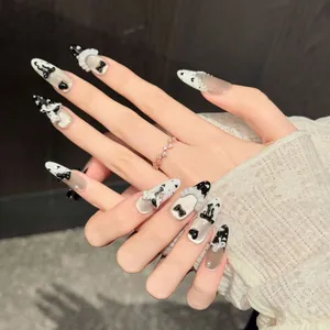 Handmade Press On Nails Black White Contrast Cat French Heart Polka Dot Long Oval Sweet Cool Lolita Fake Nails Decoration