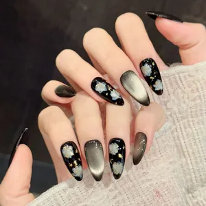 Handmade Black Gold Cat Eye Press-on Nails Elegant White Flower Gold Foil Almond Shape Fake Nails For Women Party Manicure