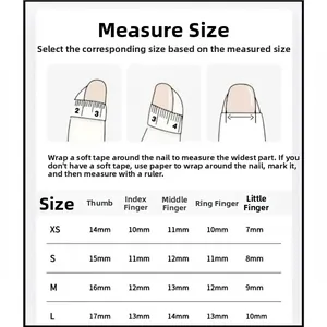 Size guide for press-on nails featuring measurements for sizes XS, S, M, and L in millimeters