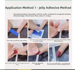 Step-by-step tutorial for applying press-on nails using jelly glue and manicure tools