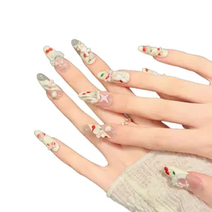 Faux ongles longs amande avec lapin 3D, cerises et motifs en relief dentelle