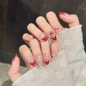 Handmade Forest Style Mushroom Flower Press On Nails Red Polka Dot Strawberry Almond Shape Fake Nails Sweet Manicure