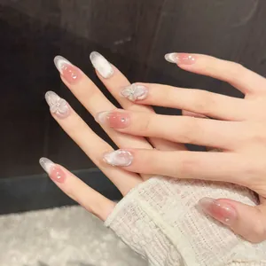 Handgemaakte Lange Amandelvorm Roze Kattenoog Press-on Nagels Gradiënt Kunstnagels Met 3D Reliëf Bloem Strass Elegant