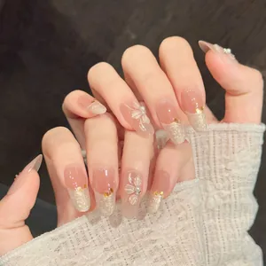 Handmade Camellia Press On Nails French 3D Carved Flower Almond Oval False Nails With Artificial Pearls Gold Foil Nude Pink Gradient Manicure Set