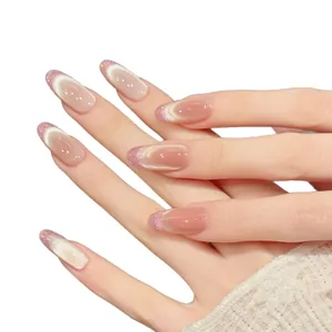 Sparkling cat-eye French almond press-on nails with pink glitter and gradient finish