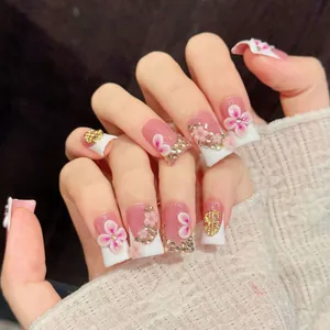 Handmade Pink Flower Press On Nails Gold Dollar Sign Rhinestone Duckbill Fake Nails Luxury Sweet Cool Fashion For Women