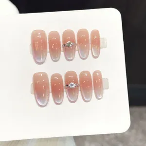 Handgefertigte Aurora Verlauf Katzenauge Künstliche Nägel Elegant Nude Rosa Mandel Falsche Nägel Mit Strass Verzierung Für Damen