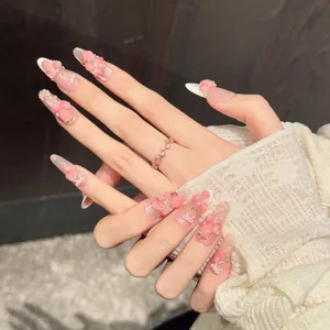 Handmade Press On Nails 3D Rose Strawberry Bow Design Pink Gradient French Tips Long Almond Shape Sweet Fake Nails