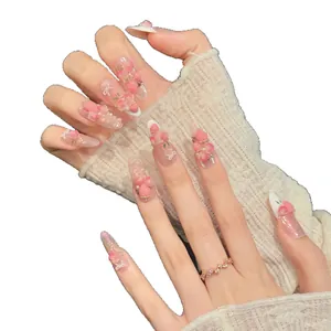 3D strawberry and rose press-on nails with pearls and bows on long almond shape nails