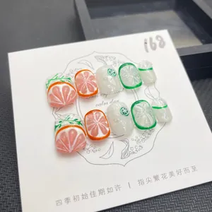 Uñas Postizas a Presión 3D Frutas Limón Hechas a Mano Estilo Verano Refrescante Impermeables Larga Duración Manicura Efecto Gelatina