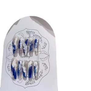 Blue and white abstract cloud pattern long coffin press-on nails 10pcs set