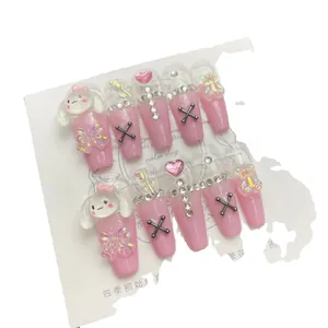 Uñas postizas largas rosas hechas a mano con conejo 3D, corazones de cristal y lazos