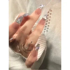 Handmade Sea Blue Heart Press On Nails Phototherapy Long Coffin French Tip Rhinestone Luxury Reusable False Nails For Women
