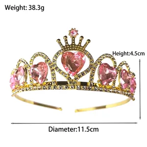 Golden heart crystal princess tiara crown with pink gemstones and white rhinestones