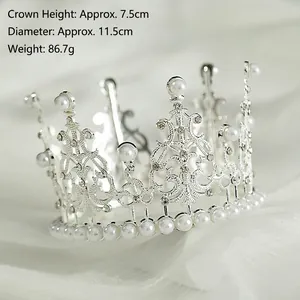 Couronne de mariée argentée avec perles et strass, dimensions 11,5 cm de diamètre et 7,5 cm