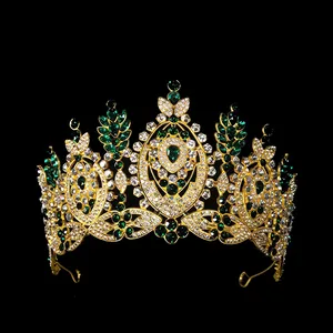 Luxury Baroque gold crown for brides with emerald green and clear crystal rhinestones