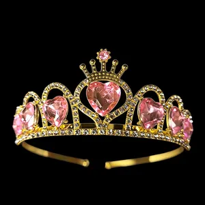 Princess Heart Crystal Crown Headband For Kids Girls Gold Silver Alloy Rhinestone Tiara For Birthday Wedding Party Hair Accessories