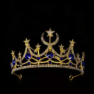 Vintage Baroque star and moon crown with blue gemstones and rhinestones for weddings