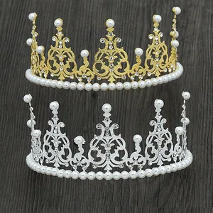 Baroque Gold Silver Iron Crown Cake Topper With Imitation Pearls Rhinestones Birthday Wedding Party Decor Hair Accessories