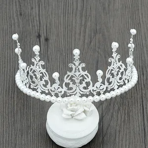Silver Baroque crown with crystals and pearls for weddings or cake decoration