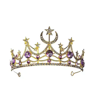Vintage gold crown with purple rhinestones and star moon design for bridal pageant