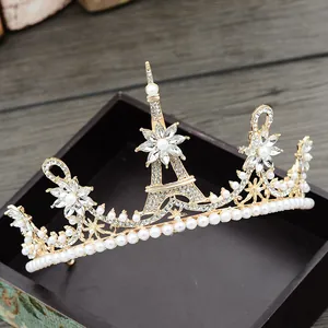 Couronne de Mariée Tour Eiffel Or Diadème Avec Strass Et Künstliche Perles Pour Mariage Banquet Fête Princesse Accessoires Cheveux Femme
