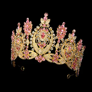 Baroque gold bridal crown with pink crystals and rhinestones for pageant or wedding