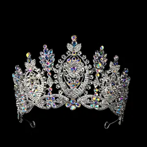 Close-up of Baroque silver bridal crown with intricate crystals and AB rhinestones