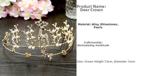 Detailed view of a golden deer-themed bridal crown with rhinestones and pearls