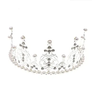 Elegant silver alloy birthday cake crown topper with pearls and sparkling rhinestones