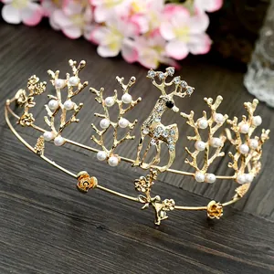 Golden elk tiara with pearls and crystals for wedding cakes and bridal hair accessories