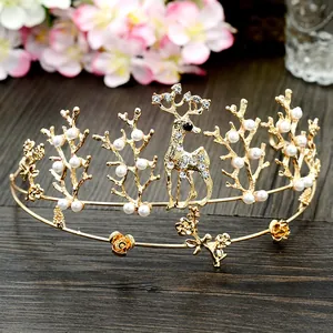 Gold Alloy Deer Antler Crown With Rhinestones And Imitation Artificial Pearls Forest Style Bridal Wedding Birthday Party Tiara For Women Girls
