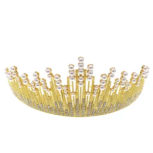 Elegant gold bridal crown featuring white pearls and sparkling rhinestones for weddings