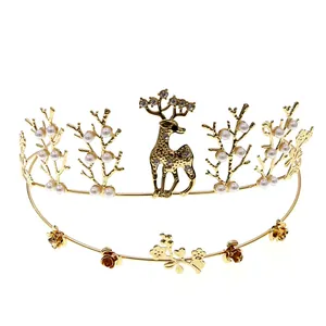 Golden reindeer crown headpiece with sparkling crystals and elegant white pearls
