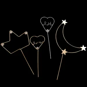 Metal Wire Cake Topper With Rhinestone Crown Moon Love Heart Shape Gold Silver Dessert Insert For Birthday Wedding Party Decor