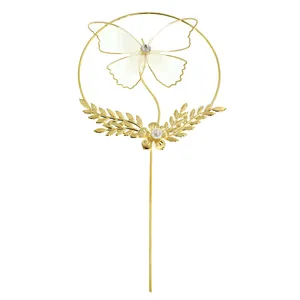Iron Butterfly Cake Topper Gauze Flower Rhinestone Pearl Round Cake Decoration For Birthday Wedding Party Baking Accessory